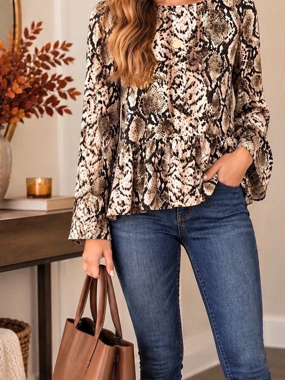 Snake Print Peplum Long Sleeve Top in Brown & Black
